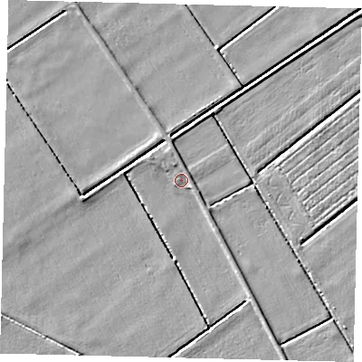Shaded relief map of the ground around PE73NB, computed from Environment Agency LiDAR. The ground here sits at about -2 m above sea level and falls 3 m across the surrounding 800 m. Surface water reaching this point runs off ground lying to the north, 1.2 m higher.
