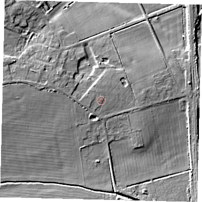 Shaded relief map of the ground around PE73PH, computed from Environment Agency LiDAR. The ground here sits at about 6 m above sea level and falls 10 m across the surrounding 800 m. Surface water reaching this point runs off ground lying to the north, 1.0 m higher.