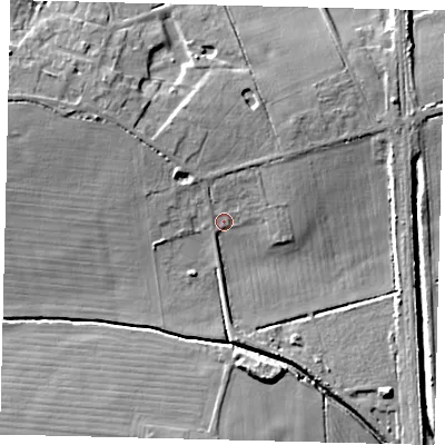 Shaded relief map of the ground around PE73PJ, computed from Environment Agency LiDAR. The ground here sits at about 4 m above sea level and falls 9 m across the surrounding 800 m. Surface water reaching this point runs off ground lying to the north-north-west, 3.4 m higher.