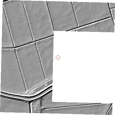 Shaded relief map of the ground around PE73PN, computed from Environment Agency LiDAR. and falls 5 m across the surrounding 800 m. The ground contributing surface water to this point lies to the west-south-west.