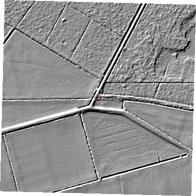 Shaded relief map of the ground around PE73PP, computed from Environment Agency LiDAR. The ground here sits at about -0 m above sea level and falls 4 m across the surrounding 800 m. Surface water reaching this point runs off ground lying to the south-south-west, 2.2 m higher.