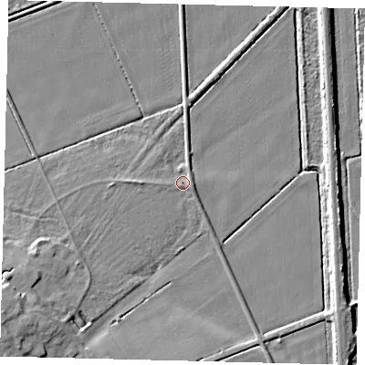 Shaded relief map of the ground around PE73PT, computed from Environment Agency LiDAR. The ground here sits at about -1 m above sea level and falls 12 m across the surrounding 800 m. Surface water reaching this point runs off ground lying to the south-west, 10.3 m higher.