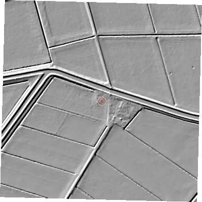 Shaded relief map of the ground around PE73PW, computed from Environment Agency LiDAR. The ground here sits at about -1 m above sea level and falls 5 m across the surrounding 800 m. Surface water reaching this point runs off ground lying to the north-east, 2.3 m higher.