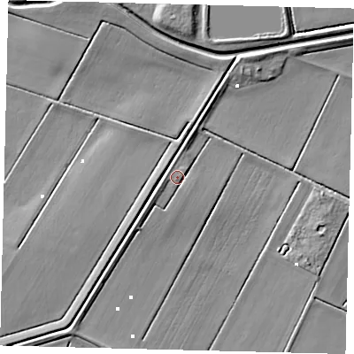 Shaded relief map of the ground around PE73QF, computed from Environment Agency LiDAR. The ground here sits at about 1 m above sea level and falls 6 m across the surrounding 800 m. Surface water reaching this point runs off ground lying to the south-west, 3.0 m higher.
