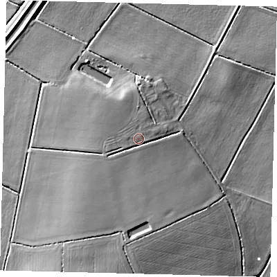 Shaded relief map of the ground around PE73QG, computed from Environment Agency LiDAR. The ground here sits at about 5 m above sea level and falls 9 m across the surrounding 800 m. Surface water reaching this point runs off ground lying to the west-south-west, 1.4 m higher.
