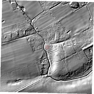 Shaded relief map of the ground around PE73QL, computed from Environment Agency LiDAR. The ground here sits at about 7 m above sea level and falls 9 m across the surrounding 800 m. Surface water reaching this point runs off ground lying to the east, 2.2 m higher.