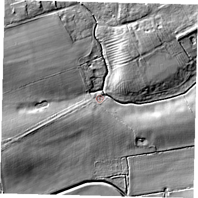 Shaded relief map of the ground around PE73QN, computed from Environment Agency LiDAR. The ground here sits at about 7 m above sea level and falls 10 m across the surrounding 800 m. Surface water reaching this point runs off ground lying to the south-west, 4.3 m higher.