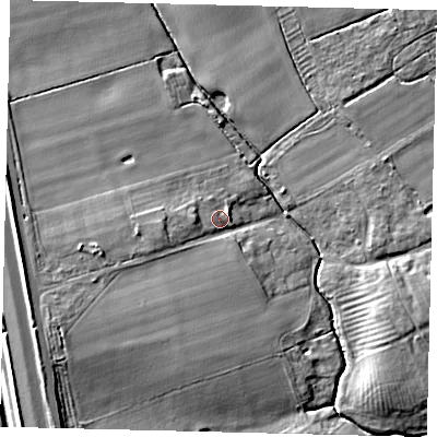Shaded relief map of the ground around PE73QR, computed from Environment Agency LiDAR. The ground here sits at about 9 m above sea level and falls 11 m across the surrounding 800 m. Surface water reaching this point runs off ground lying to the west-south-west, 3.8 m higher.