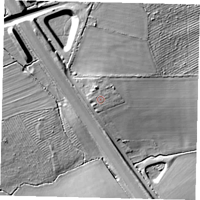 Shaded relief map of the ground around PE73TN, computed from Environment Agency LiDAR. The ground here sits at about 25 m above sea level and falls 11 m across the surrounding 800 m. Surface water reaching this point runs off ground lying to the west-north-west, 0.7 m higher.