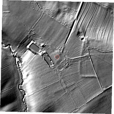 Shaded relief map of the ground around PE73UE, computed from Environment Agency LiDAR. The ground here sits at about 26 m above sea level and falls 22 m across the surrounding 800 m. Surface water reaching this point runs off ground lying to the south-east, 1.1 m higher.