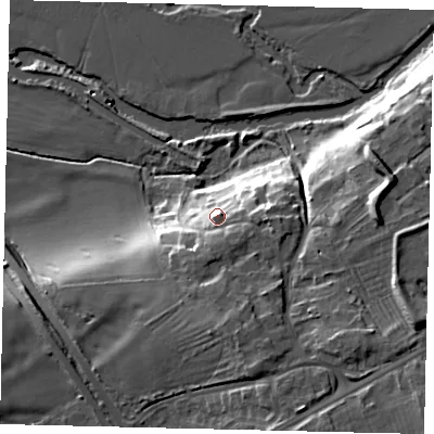Shaded relief map of the ground around PE73UZ, computed from Environment Agency LiDAR. The ground here sits at about 18 m above sea level and falls 20 m across the surrounding 800 m. Surface water reaching this point runs off ground lying to the south, 7.7 m higher.