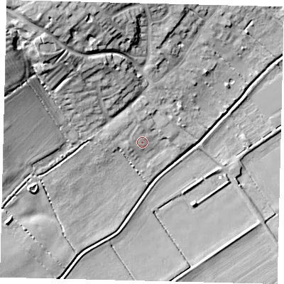 Shaded relief map of the ground around PE73WN, computed from Environment Agency LiDAR. The ground here sits at about 4 m above sea level and falls 26 m across the surrounding 800 m. Surface water reaching this point runs off ground lying to the north-west, 2.0 m higher.