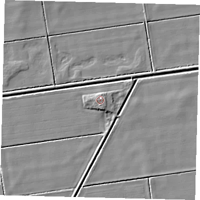 Shaded relief map of the ground around PE73XZ, computed from Environment Agency LiDAR. The ground here sits at about 0 m above sea level and falls 5 m across the surrounding 800 m. Surface water reaching this point runs off ground lying to the south, 0.7 m higher.