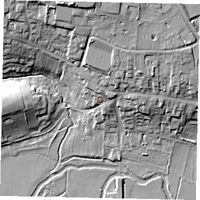 Shaded relief map of the ground around PE84BH, computed from Environment Agency LiDAR. The ground here sits at about 30 m above sea level and falls 27 m across the surrounding 800 m. Surface water reaching this point runs off ground lying to the north, 15.5 m higher.