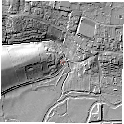 Shaded relief map of the ground around PE84BN, computed from Environment Agency LiDAR. The ground here sits at about 24 m above sea level and falls 22 m across the surrounding 800 m. Surface water reaching this point runs off ground lying to the west, 4.3 m higher.