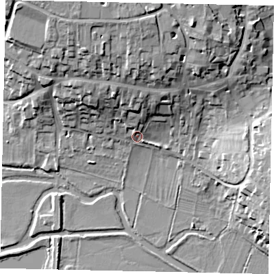 Shaded relief map of the ground around PE84BP, computed from Environment Agency LiDAR. The ground here sits at about 24 m above sea level and falls 19 m across the surrounding 800 m. Surface water reaching this point runs off ground lying to the north, 9.8 m higher.