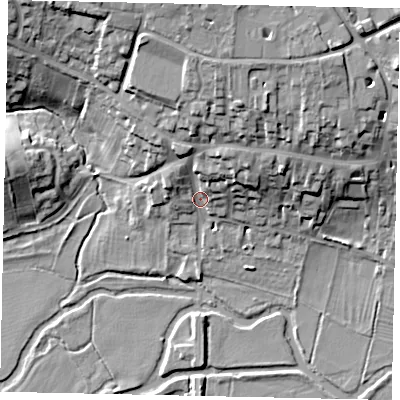 Shaded relief map of the ground around PE84BW, computed from Environment Agency LiDAR. The ground here sits at about 25 m above sea level and falls 21 m across the surrounding 800 m. Surface water reaching this point runs off ground lying to the north-north-east, 15.3 m higher.