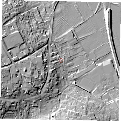 Shaded relief map of the ground around PE84BZ, computed from Environment Agency LiDAR. The ground here sits at about 24 m above sea level and falls 20 m across the surrounding 800 m. Surface water reaching this point runs off ground lying to the west-south-west, 14.0 m higher.