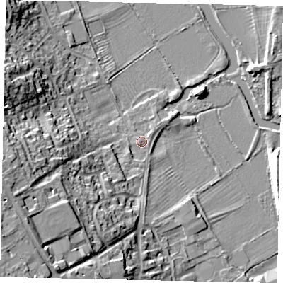 Shaded relief map of the ground around PE84DB, computed from Environment Agency LiDAR. The ground here sits at about 21 m above sea level and falls 21 m across the surrounding 800 m. Surface water reaching this point runs off ground lying to the south-west, 18.6 m higher.
