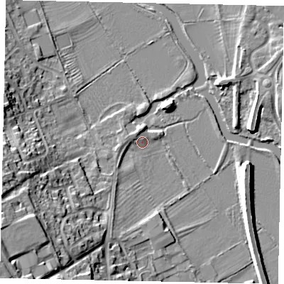 Shaded relief map of the ground around PE84DE, computed from Environment Agency LiDAR. The ground here sits at about 20 m above sea level and falls 20 m across the surrounding 800 m. Surface water reaching this point runs off ground lying to the south-south-west, 7.6 m higher.