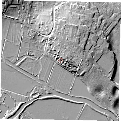 Shaded relief map of the ground around PE84DN, computed from Environment Agency LiDAR. The ground here sits at about 25 m above sea level and falls 15 m across the surrounding 800 m. Surface water reaching this point runs off ground lying to the north-east, 11.6 m higher.