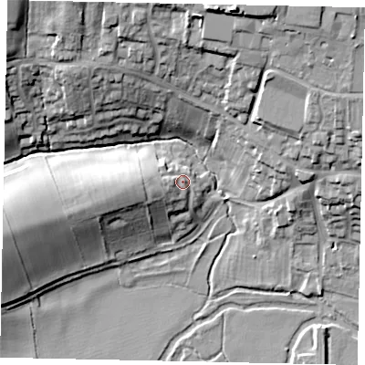 Shaded relief map of the ground around PE84DQ, computed from Environment Agency LiDAR. The ground here sits at about 27 m above sea level and falls 27 m across the surrounding 800 m. Surface water reaching this point runs off ground lying to the west, 7.7 m higher.