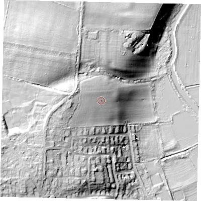 Shaded relief map of the ground around PE84FN, computed from Environment Agency LiDAR. The ground here sits at about 34 m above sea level and falls 28 m across the surrounding 800 m. Surface water reaching this point runs off ground lying to the west-south-west, 8.7 m higher.