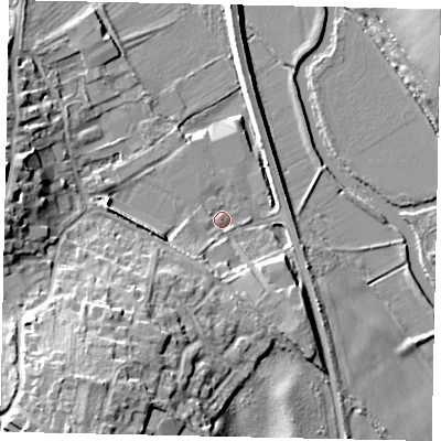 Shaded relief map of the ground around PE84HN, computed from Environment Agency LiDAR. The ground here sits at about 22 m above sea level and falls 16 m across the surrounding 800 m. Surface water reaching this point runs off ground lying to the south-west, 10.5 m higher.