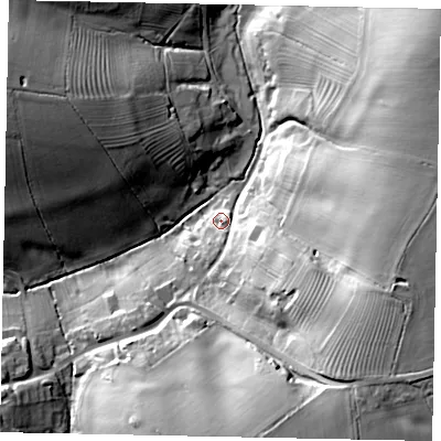 Shaded relief map of the ground around PE85AE, computed from Environment Agency LiDAR. The ground here sits at about 58 m above sea level and falls 31 m across the surrounding 800 m. Surface water reaching this point runs off ground lying to the south-east, 19.5 m higher.