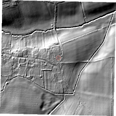 Shaded relief map of the ground around PE85BD, computed from Environment Agency LiDAR. The ground here sits at about 36 m above sea level and falls 21 m across the surrounding 800 m. Surface water reaching this point runs off ground lying to the west-north-west, 0.7 m higher.