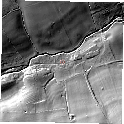 Shaded relief map of the ground around PE85BL, computed from Environment Agency LiDAR. The ground here sits at about 33 m above sea level and falls 33 m across the surrounding 800 m. Surface water reaching this point runs off ground lying to the south-south-east, 22.9 m higher.