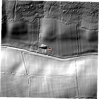Shaded relief map of the ground around PE85BP, computed from Environment Agency LiDAR. The ground here sits at about 42 m above sea level and falls 32 m across the surrounding 800 m. Surface water reaching this point runs off ground lying to the north, 13.3 m higher.