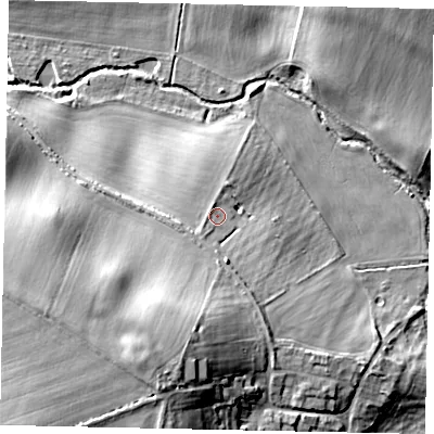Shaded relief map of the ground around PE85DB, computed from Environment Agency LiDAR. The ground here sits at about 38 m above sea level and falls 25 m across the surrounding 800 m. Surface water reaching this point runs off ground lying to the south-west, 2.1 m higher.