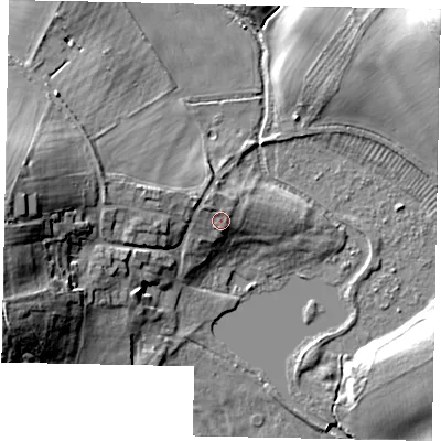Shaded relief map of the ground around PE85DN, computed from Environment Agency LiDAR. The ground here sits at about 37 m above sea level and falls 21 m across the surrounding 800 m. Surface water reaching this point runs off ground lying to the north-west, 1.7 m higher.
