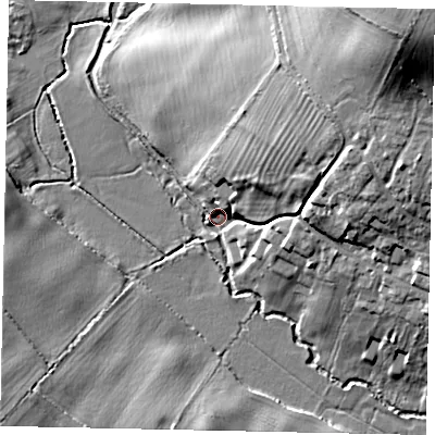 Shaded relief map of the ground around PE85EA, computed from Environment Agency LiDAR. The ground here sits at about 29 m above sea level and falls 30 m across the surrounding 800 m. Surface water reaching this point runs off ground lying to the north-east, 26.3 m higher.