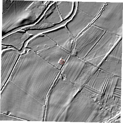 Shaded relief map of the ground around PE85HF, computed from Environment Agency LiDAR. The ground here sits at about 19 m above sea level and falls 7 m across the surrounding 800 m. Surface water reaching this point runs off ground lying to the north-north-west, 1.2 m higher.