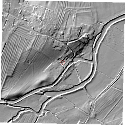 Shaded relief map of the ground around PE85HH, computed from Environment Agency LiDAR. The ground here sits at about 19 m above sea level and falls 9 m across the surrounding 800 m. Surface water reaching this point runs off ground lying to the north-west, 6.8 m higher.