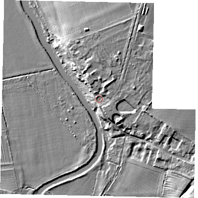 Shaded relief map of the ground around PE85HN, computed from Environment Agency LiDAR. The ground here sits at about 23 m above sea level and falls 10 m across the surrounding 800 m. Surface water reaching this point runs off ground lying to the north, 4.7 m higher.