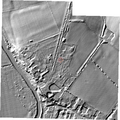 Shaded relief map of the ground around PE85HP, computed from Environment Agency LiDAR. The ground here sits at about 25 m above sea level and falls 10 m across the surrounding 800 m. Surface water reaching this point runs off ground lying to the south-south-west, 0.6 m higher.