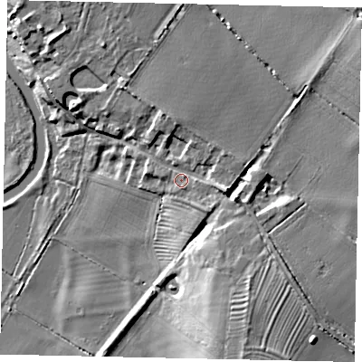 Shaded relief map of the ground around PE85HS, computed from Environment Agency LiDAR. The ground here sits at about 24 m above sea level and falls 12 m across the surrounding 800 m. Surface water reaching this point runs off ground lying to the south-south-east, 5.4 m higher.