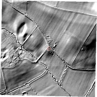 Shaded relief map of the ground around PE85HX, computed from Environment Agency LiDAR. The ground here sits at about 26 m above sea level and falls 21 m across the surrounding 800 m. Surface water reaching this point runs off ground lying to the north, 11.7 m higher.