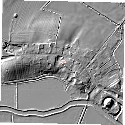 Shaded relief map of the ground around PE85HZ, computed from Environment Agency LiDAR. The ground here sits at about 22 m above sea level and falls 13 m across the surrounding 800 m. Surface water reaching this point runs off ground lying to the west-north-west, 3.3 m higher.