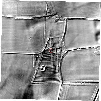 Shaded relief map of the ground around PE85JB, computed from Environment Agency LiDAR. The ground here sits at about 26 m above sea level and falls 22 m across the surrounding 800 m. Surface water reaching this point runs off ground lying to the west-south-west, 8.8 m higher.