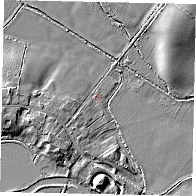 Shaded relief map of the ground around PE85JF, computed from Environment Agency LiDAR. The ground here sits at about 18 m above sea level and falls 13 m across the surrounding 800 m. Surface water reaching this point runs off ground lying to the south-west, 2.0 m higher.