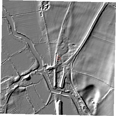 Shaded relief map of the ground around PE85LA, computed from Environment Agency LiDAR. The ground here sits at about 22 m above sea level and falls 12 m across the surrounding 800 m. Surface water reaching this point runs off ground lying to the north, 1.3 m higher.