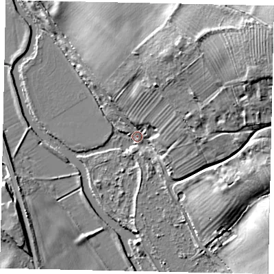 Shaded relief map of the ground around PE85LB, computed from Environment Agency LiDAR. The ground here sits at about 21 m above sea level and falls 23 m across the surrounding 800 m. Surface water reaching this point runs off ground lying to the north-east, 22.2 m higher.