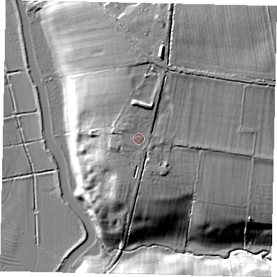 Shaded relief map of the ground around PE85LL, computed from Environment Agency LiDAR. The ground here sits at about 34 m above sea level and falls 25 m across the surrounding 800 m. Surface water reaching this point runs off ground lying to the north, 3.1 m higher.