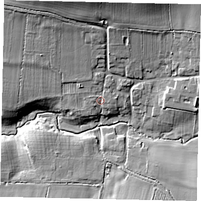 Shaded relief map of the ground around PE85LW, computed from Environment Agency LiDAR. The ground here sits at about 31 m above sea level and falls 22 m across the surrounding 800 m. Surface water reaching this point runs off ground lying to the north, 3.1 m higher.
