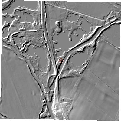 Shaded relief map of the ground around PE85PB, computed from Environment Agency LiDAR. The ground here sits at about 23 m above sea level and falls 10 m across the surrounding 800 m. Surface water reaching this point runs off ground lying to the south, 3.3 m higher.