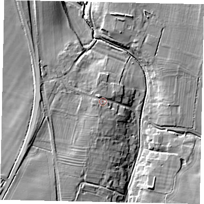 Shaded relief map of the ground around PE85PG, computed from Environment Agency LiDAR. The ground here sits at about 35 m above sea level and falls 16 m across the surrounding 800 m. Surface water reaching this point runs off ground lying to the north-west, 2.8 m higher.